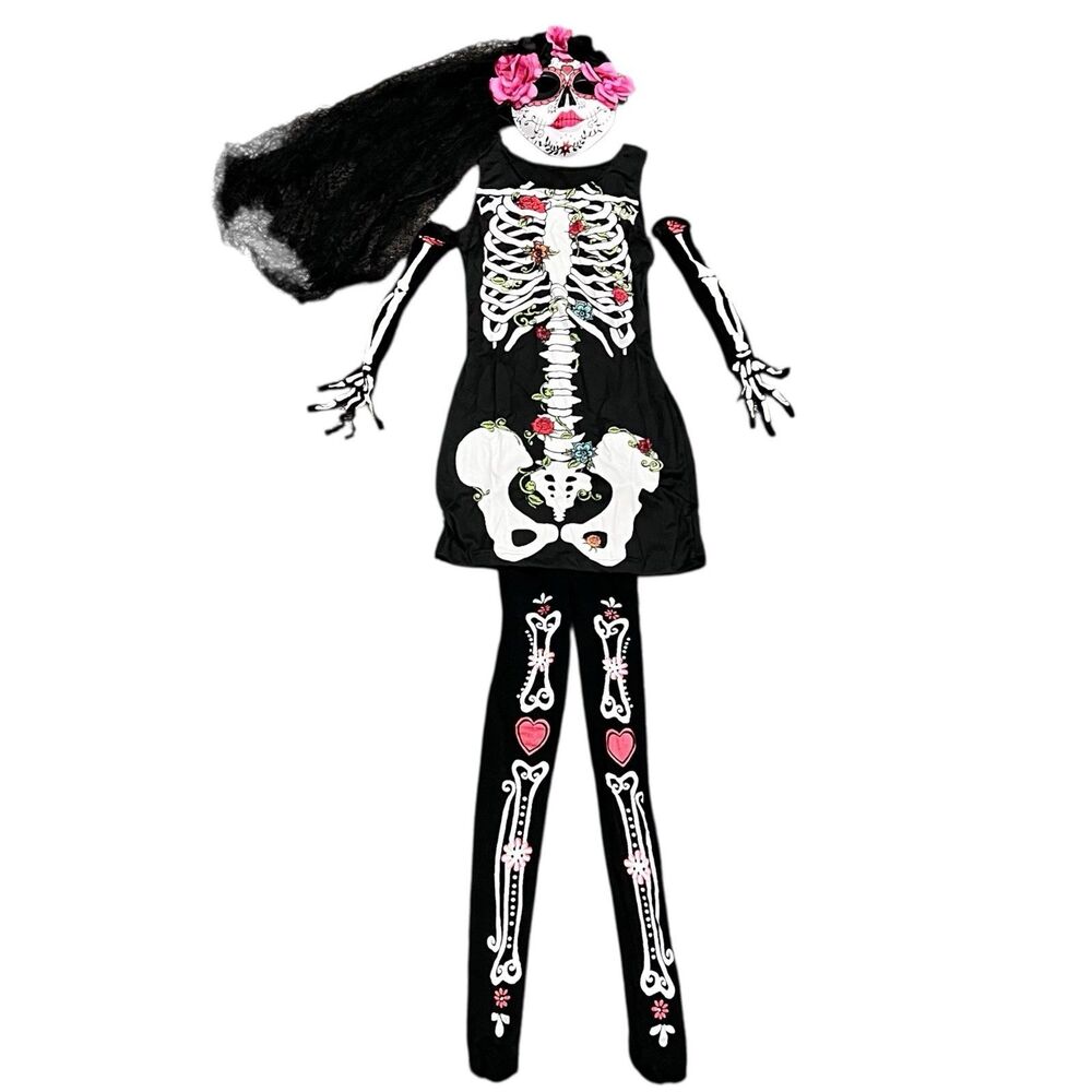 Skeleton Dress Mask Leggings Arm Sleeves Día de los Muertos 6 Piece Costume SM